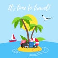 Time to travel summer beach holiday vacation poster or banner flat style design vector illustration concept isolated white backgro Royalty Free Stock Photo